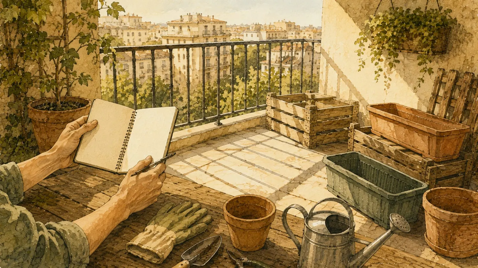 Manos comprobando la luz y el espacio de un balcón vacío antes de empezar a plantar
