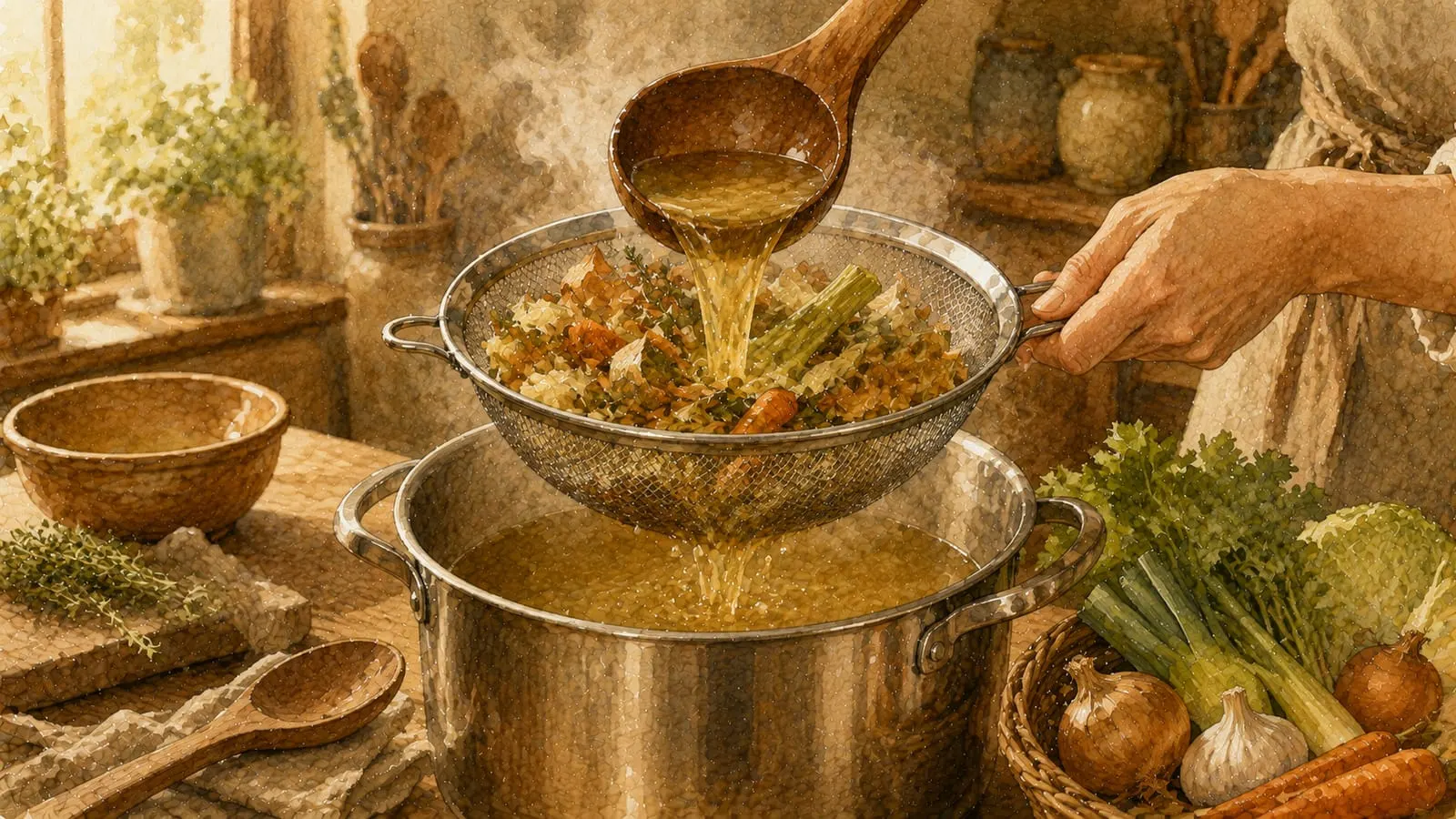 Colando el caldo terminado a través de un colador fino hacia una olla limpia, con vapor subiendo