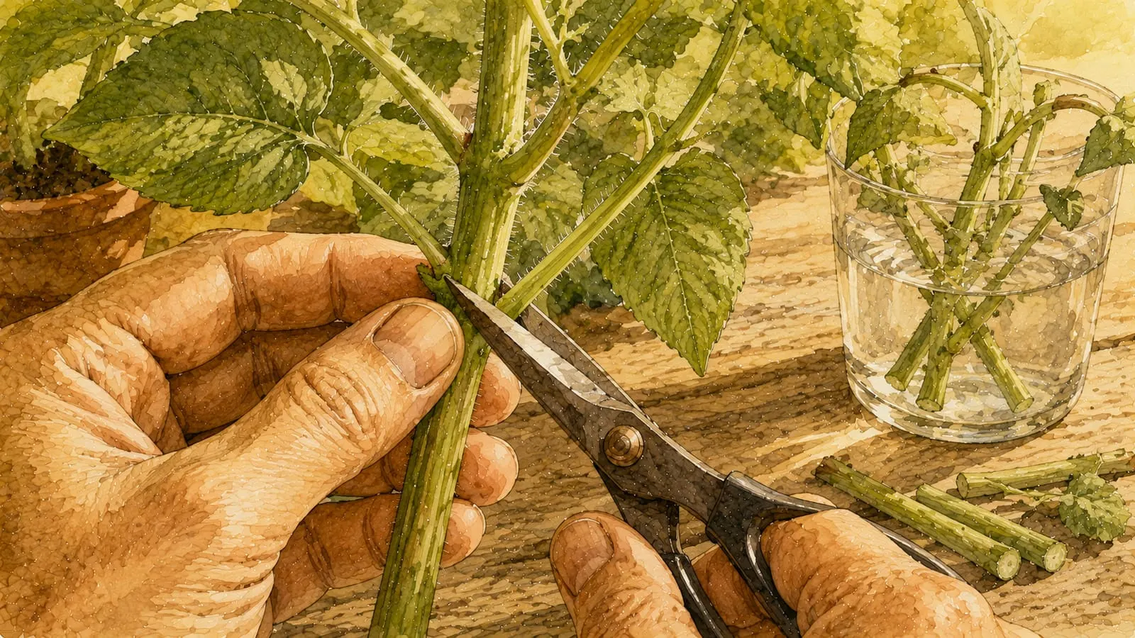 Tijeras de podar cortando un tallo justo debajo de un nudo