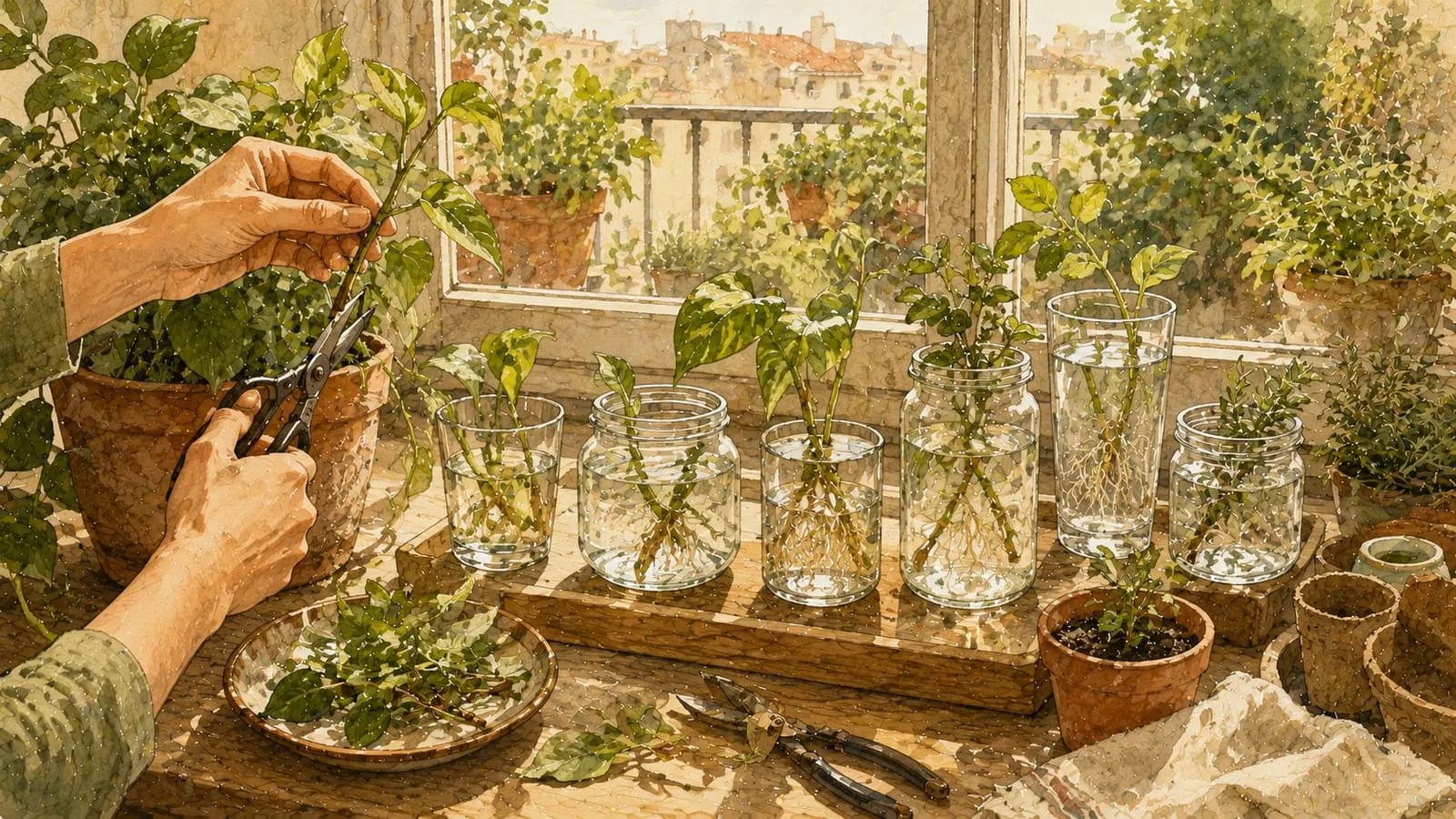 Esquejes de plantas enraizando en tarros de cristal con agua junto a una ventana