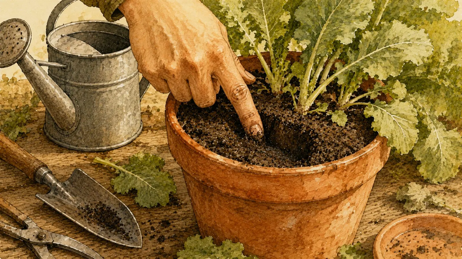 Dedo comprobando la humedad de la tierra hundido unos centímetros en el sustrato