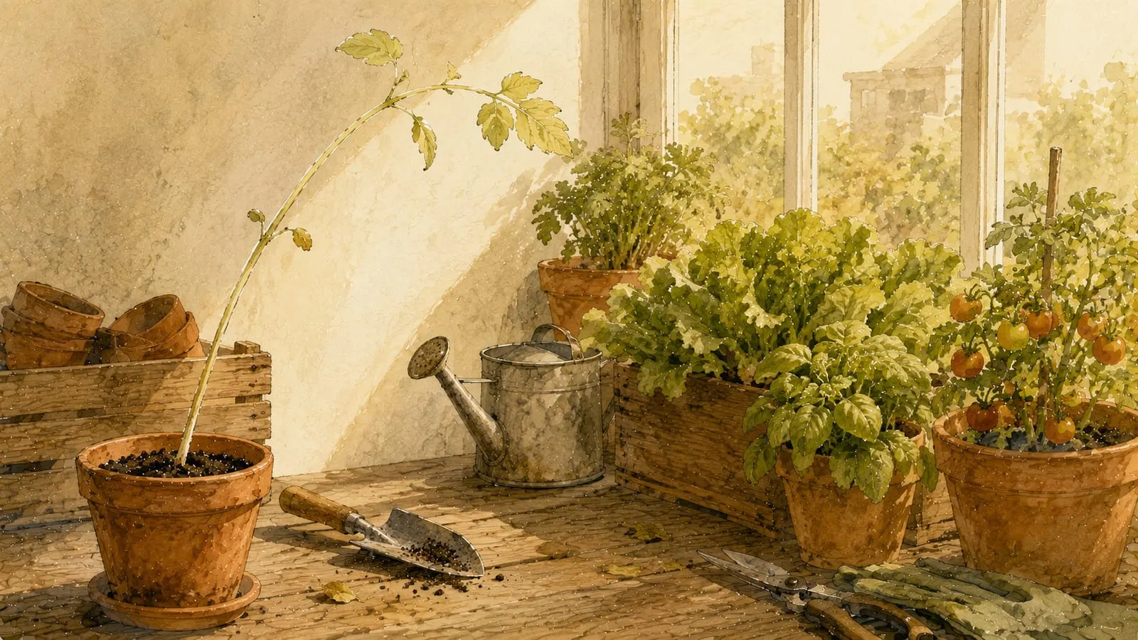 Planta de tomate estirada y pálida buscando la luz de una ventana