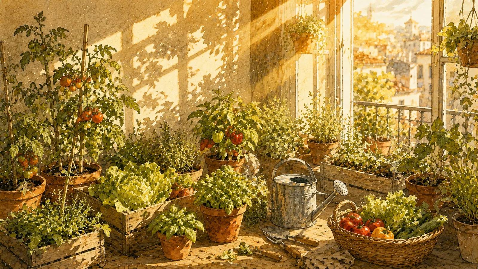 Balcón con macetas de tomateras iluminado por el sol entrando en ángulo