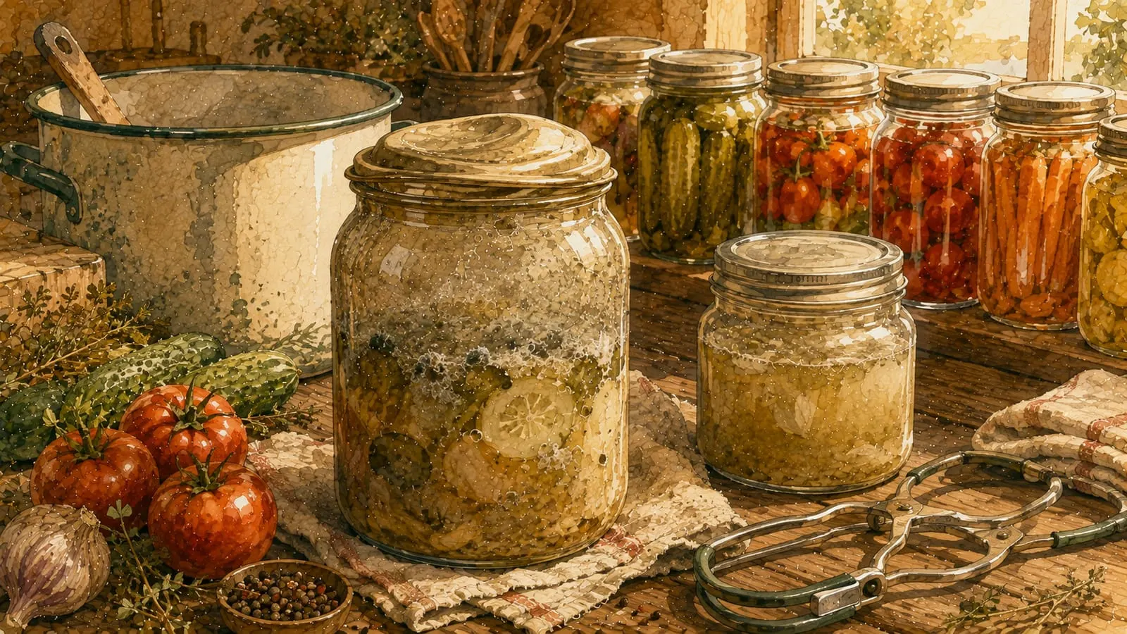 Tarro de conserva con aspecto sospechoso junto a una estantería de encurtidos