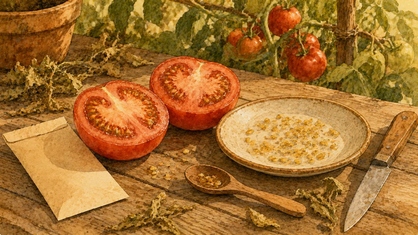 Tomate partido por la mitad mostrando las semillas, secándose sobre un plato