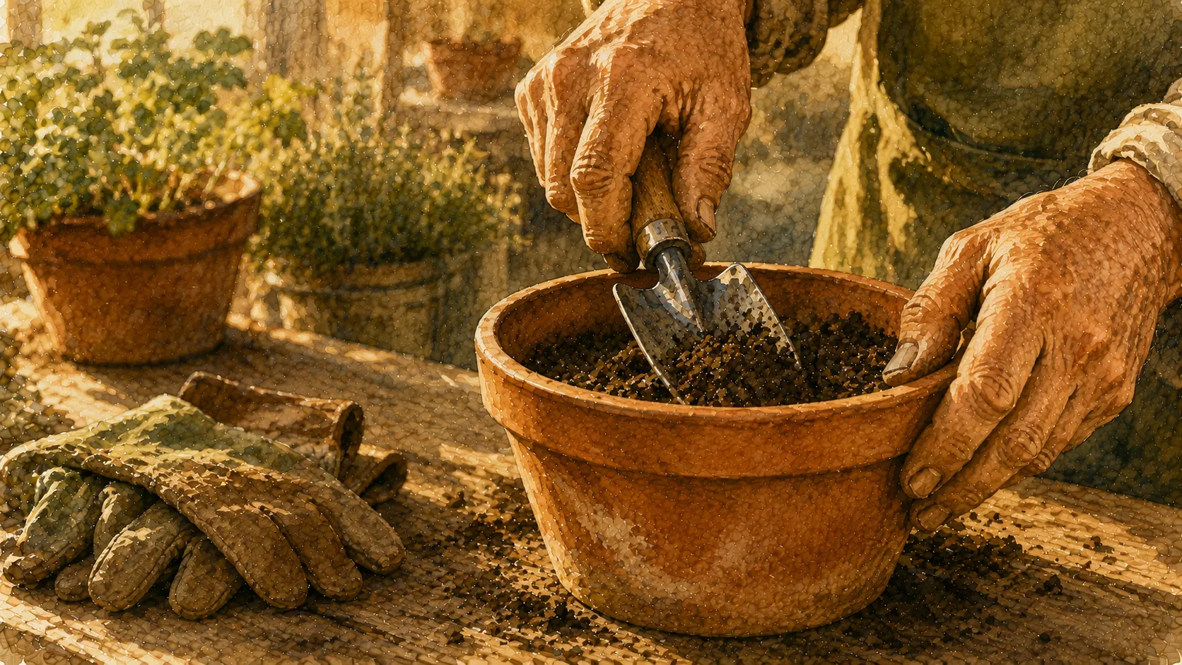 Manos sujetando un trasplantador y trabajando la tierra de una maceta de terracota