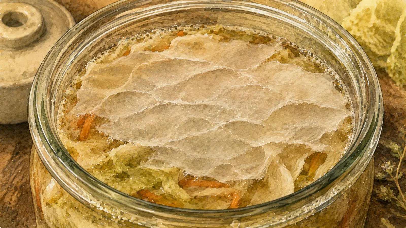 Primer plano extremo de la fina película blanca de kahm yeast en la superficie de un fermentado
