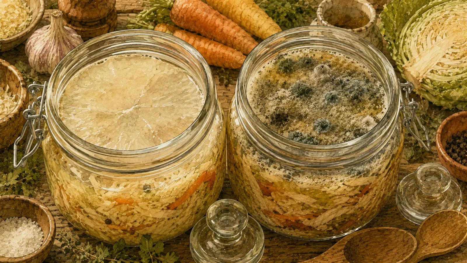 Dos tarros de fermentado comparados, uno con kahm yeast y otro con moho