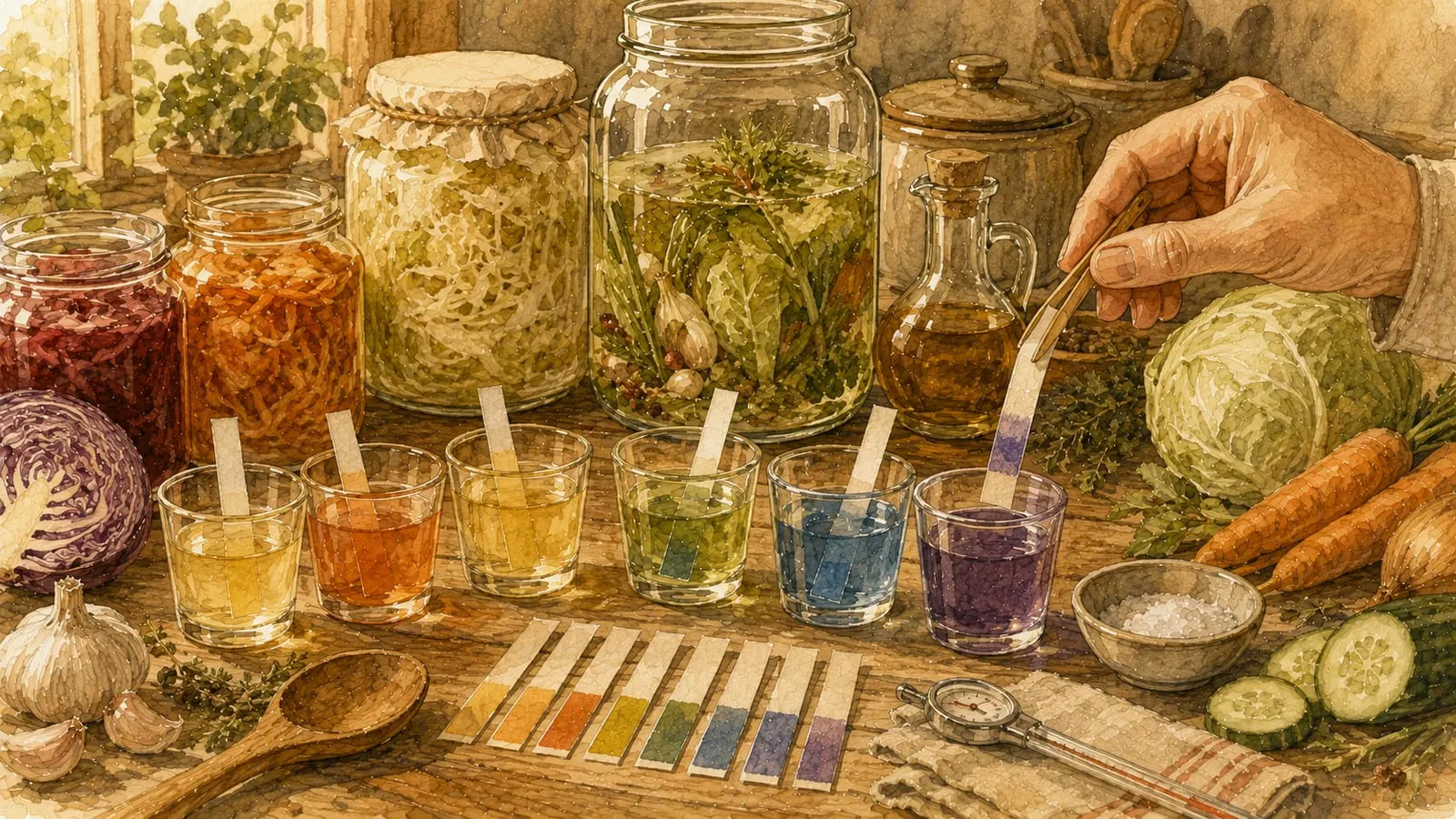 Tiras de papel indicador de pH sumergidas en distintos líquidos, mostrando los colores de la escala