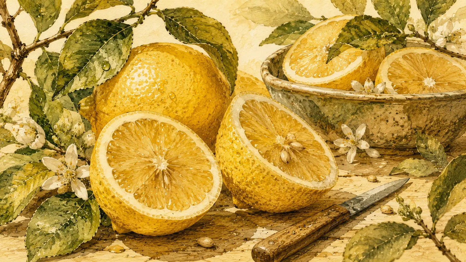 Limones cortados junto a una rama con hojas, como referencia de alimento ácido