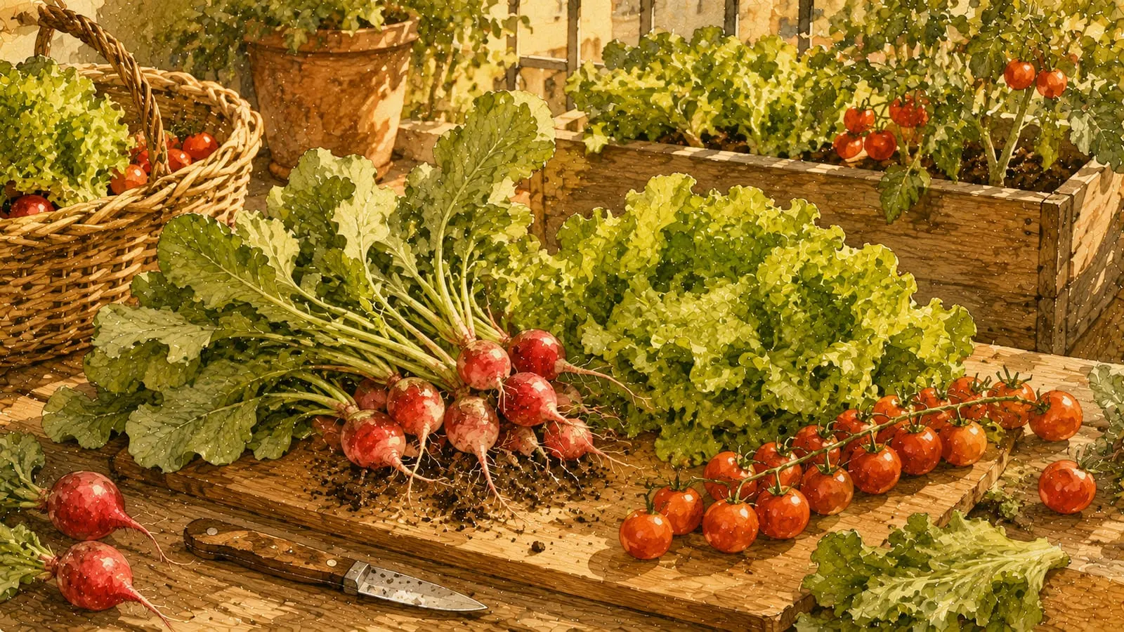 Pequeña cosecha variada de rábanos, lechugas y tomates cherry recién recogida