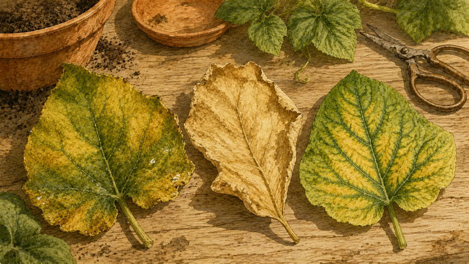 Tres hojas distintas mostrando distintos tipos de amarilleo, por exceso de agua, falta de agua y falta de nutrientes