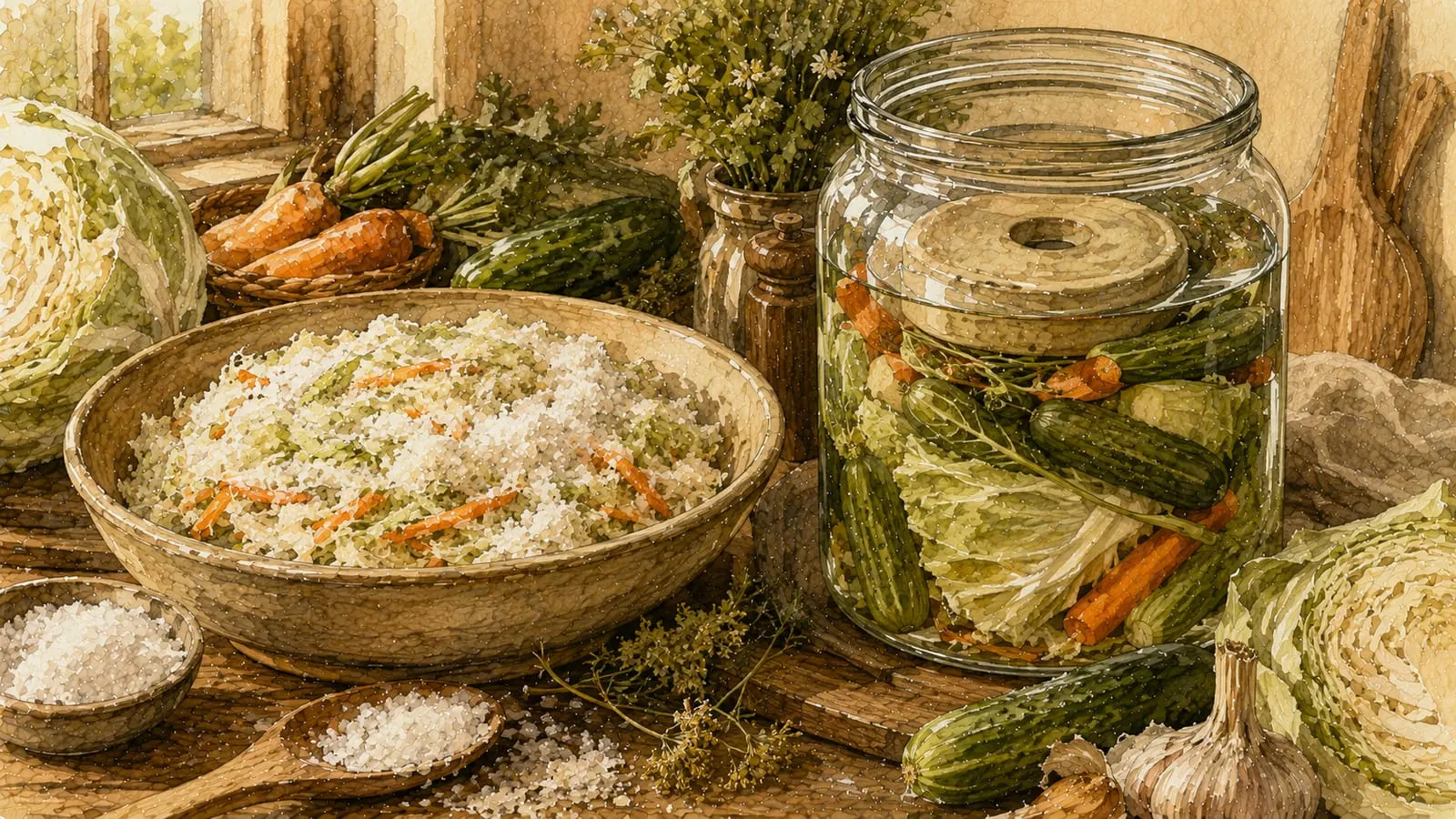 Bol de cristal con verduras completamente sumergidas en salmuera líquida