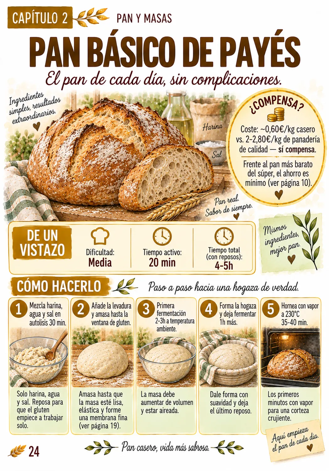 Ficha ilustrada del pan básico de payés, paso a paso