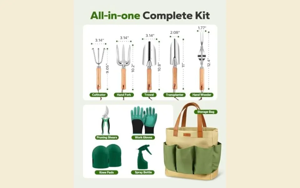 Set de herramientas de jardinería, detalle del acero inoxidable